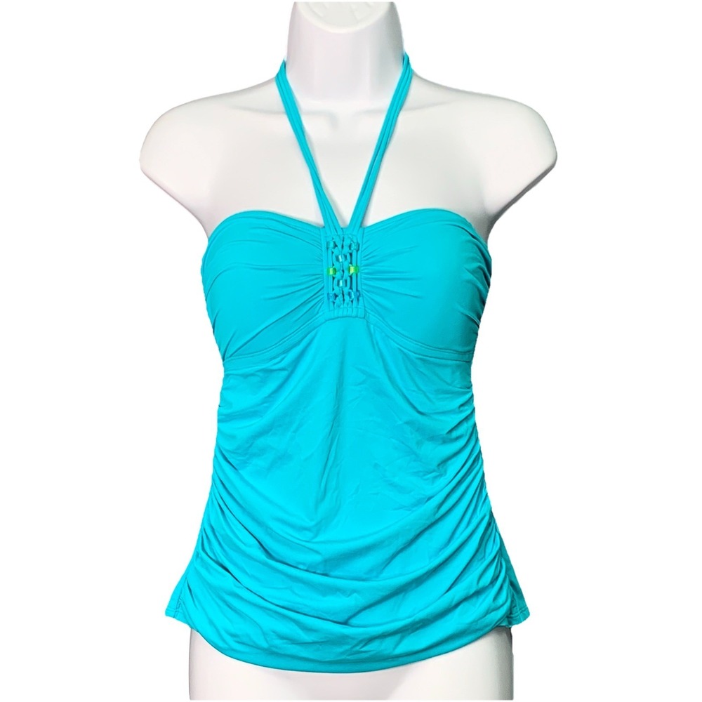Bleu Rod Beattie Womens Swim Bandau Tankini Ruched Aqua Size 8 Beaded Halter